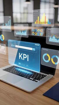 Laptop on wooden desk displaying holographic KPI dashboard with colorful graphs and data charts in modern office. Concept of business performance, key performance indicators and data-driven strategy
