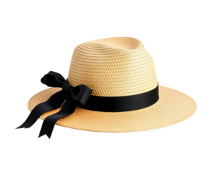 Straw hat with black ribbon isolated on transparent background