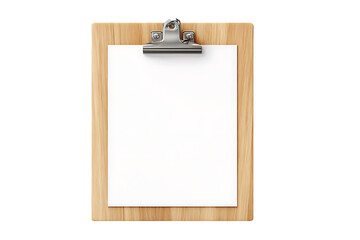 Wooden clipboard with blank white paper.