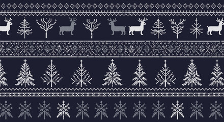 Festive Winterscape Pattern with Reindeer, Trees, Snowflakes, and Geometric Embellishments