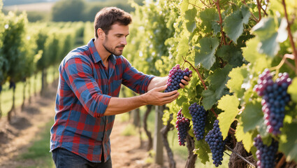 Man in plaid shirt inspecting ripe purple grapes on vineyard rows in bright sunlight, showing careful farming and harvest work.
