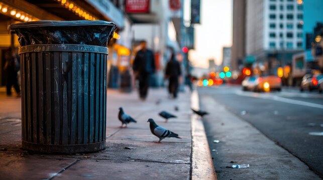 Urban scene featuring a trash can with pigeons nearby, bustling street life at twilight