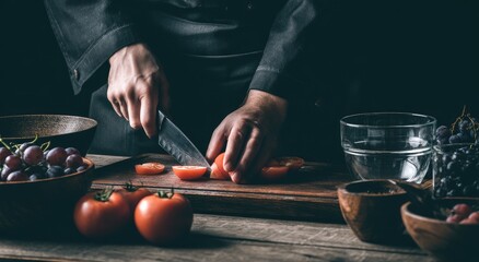 Chef's hands slicing tomatoes on a wooden board