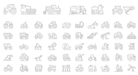 Line Art Illustration of Various Agricultural Machinery and Farming Vehicles