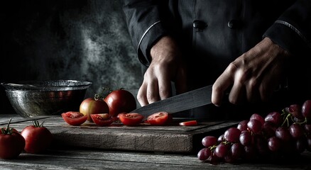 Chef's hands slicing tomatoes on a wooden board (1)