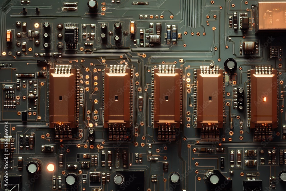 Poster a circuit board with copper connections and blinking signal points arranged in a structured layout