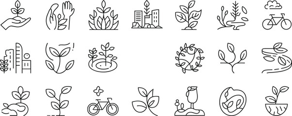 Eco nature line icons collection with plants, leaves, city, sustainability, green living, environment care, growth, and recycling symbols