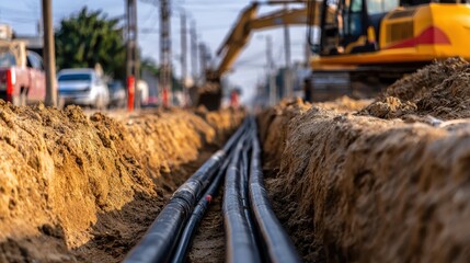 Excavation site showing heavy machinery digging trenches for utility installation in a city