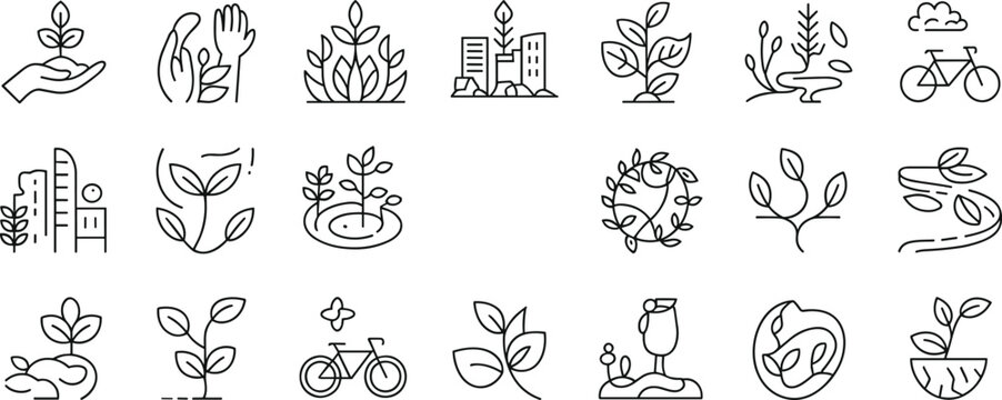 Eco nature line icons collection with plants, leaves, city, sustainability, green living, environment care, growth, and recycling symbols