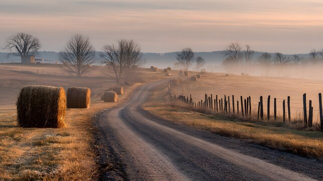 Autumn rural road lined hay bales and weathered fences soft mist rolling off nearby fields captured in calm early evening light from wide human eye view