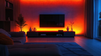 Cozy living room with orange-red ambient lighting