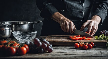 Chef slicing tomatoes on a rustic wooden board
