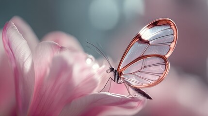 A translucent, rose-gold butterfly delicately rests on a soft pink tulip petal, bathed in soft, diffused light