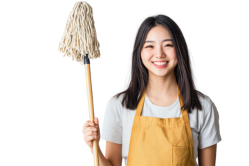 Young Asian woman in apron smiling at camera while holding a mopping stick, isolated over white background