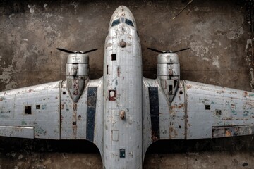 Rusty airplane, top-down view on concrete
