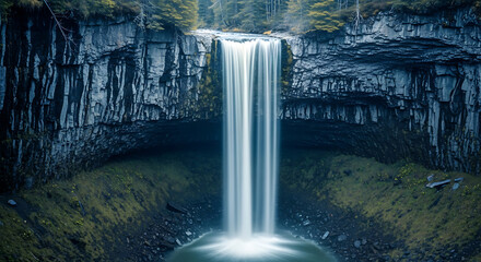 Majestic waterfall cascading down rocky cliffs in a lush forest setting.