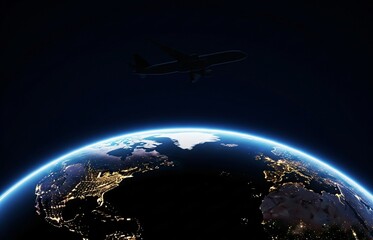 Fototapeta premium World Tourism Day concept with abstract night scene of glowing planet Earth and airplane shadow flying across radiant continents in silhouette