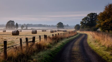 Autumn rural road lined hay bales and weathered fences soft mist rolling off nearby fields captured in calm early evening light from wide human eye view