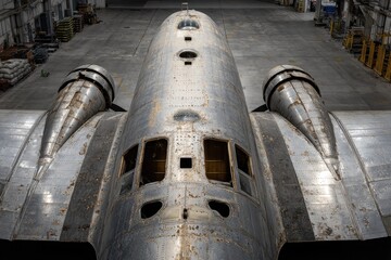Overhead view of a vintage aircraft fuselage