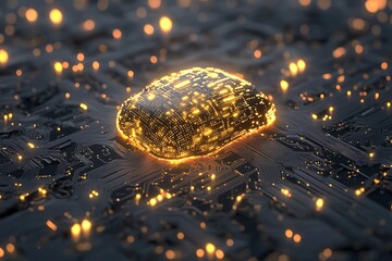 A close-up view of an advanced AI chip glowing with golden circuits and digital signal paths 