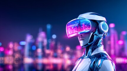 A futuristic robot wearing a glowing virtual reality headset stands against a vibrant cityscape illuminated with neon lights at night.