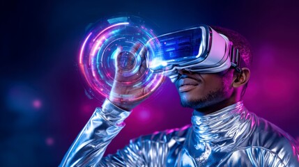 A man in futuristic attire uses a virtual reality headset, interacting with a glowing digital interface in a vibrant, neon-lit environment.
