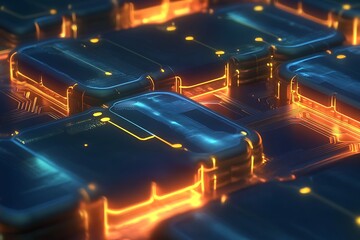 A close-up view of an advanced AI chip glowing with golden circuits and digital signal paths 