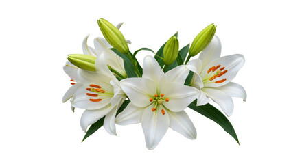 Blooming White Lilies with Green Buds Isolated on White