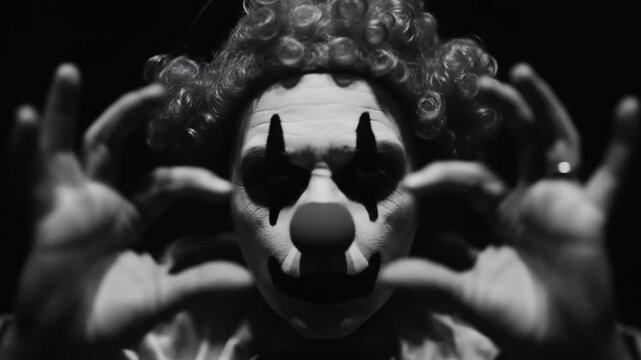 Sad mime in black and white, depicts a sorrowful clown in silence. Suitable for theater posters, emotional articles, and storytelling visuals.