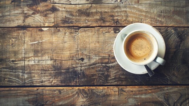 Top view image of coofee cup on rustic wooden table. vintage filtered
