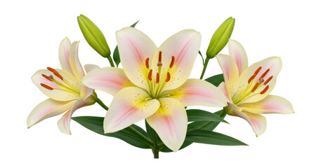 Naklejka premium Blooming Lily Flowers Arrangement with Buds and Green Leaves