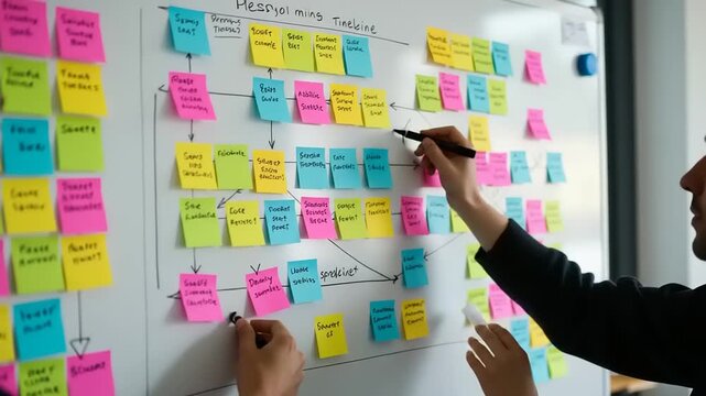 Collaborative brainstorming session with colorful sticky notes on a whiteboard in a modern office