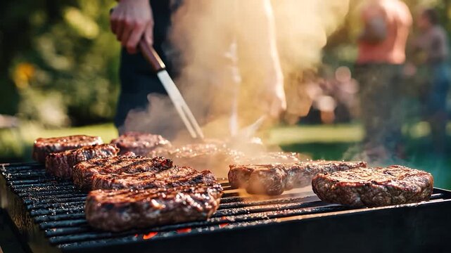Steaks grilling outdoors on a barbecue