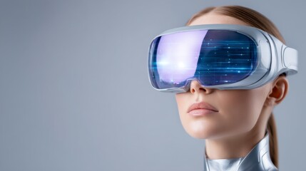 A woman wearing a futuristic virtual reality headset, immersed in a digital environment with glowing blue light effects.