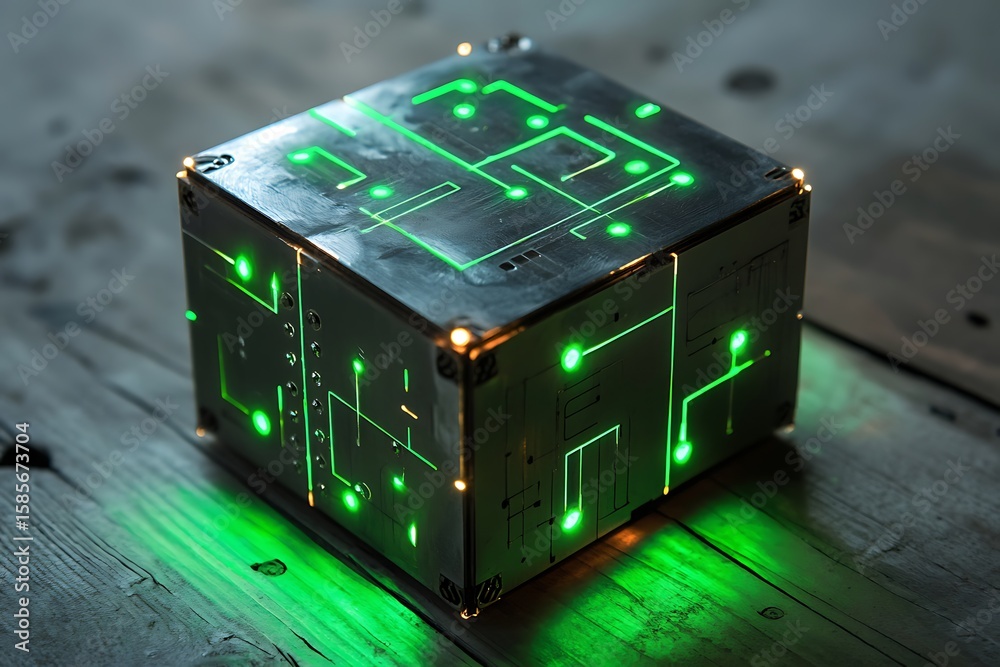 Poster a compact binary circuitry block with green pulse trails and metallic textures