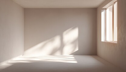 Empty room, light beige walls, sunlit window shadows