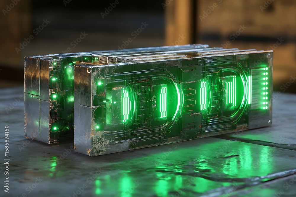 Poster a compact binary circuitry block with green pulse trails and metallic textures
