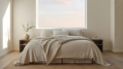 A photograph of a serene minimalist bedroom featuring a plush king-sized bed as the central focus.