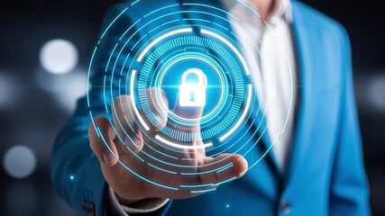 Businessman in blue suit touching virtual padlock icon on futuristic digital interface representing cybersecurity and data protection. Concept of online security, privacy and information safety
 - Powered by Adobe