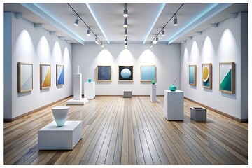 An empty art gallery with modern lighting and minimalist displays