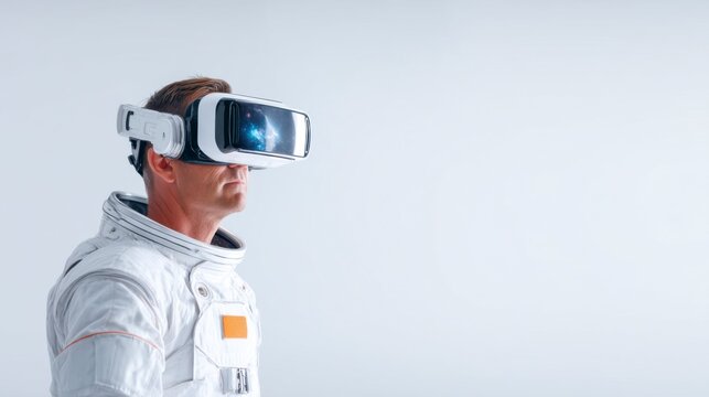 A man in a futuristic astronaut suit wearing a virtual reality headset against a plain background.