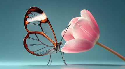 A glass-winged butterfly delicately interacts with a pale pink tulip against a muted teal backdrop.  The image is a digitally rendered still life showcasing intricate detail