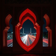 Night Lightscape Through Ornate Archway: A Captivating View of City Traffic and Mosque Minarets