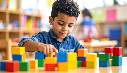 Child Playing with Colorful Blocks in Classroom - Back to School