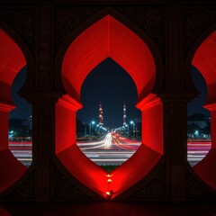 Night Lights Through Red Archway: A Scenic Cityscape View at Night