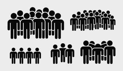 Multiple groups of diverse sized stick figure people in black and white