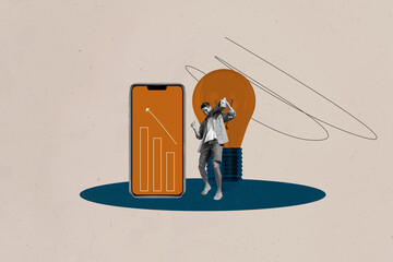 Poster image picture sketch collage image of happy businesswoman businessman stand phone screen...