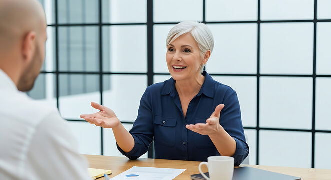 Mature woman in navy blue shirt gestures animatedly while speaking to a man in a white shirt during a meeting in a modern office with large windows - Powered by Adobe