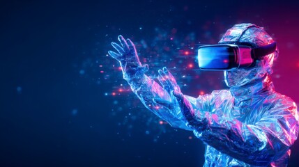 A person wearing a futuristic suit and VR headset interacts with a digital holographic interface in a vibrant, glowing virtual environment.