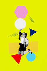 Sketch image 3d pop banner collage of happy schoolgirl jump geometric figure back to school...